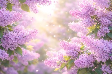 Obraz premium Dreamy botanical lilac border with warm sunlight and pastel blooms for wedding decor and luxury greeting card, romantic spring floral background, pink blossoms framing with delicate petals and bokeh