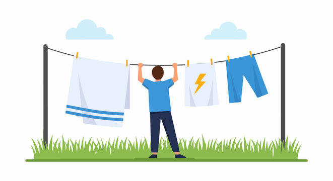 Man Hanging Laundry on Clothesline Outdoors, Flat Vector Illustration of Person Doing Household Chores