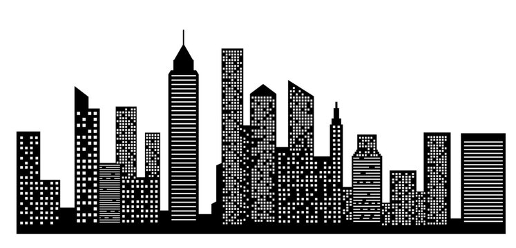 Modern City Skyline Silhouette with Night Windows Graphic Illustration