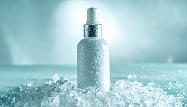 Cosmetic bottle on ice cubes.