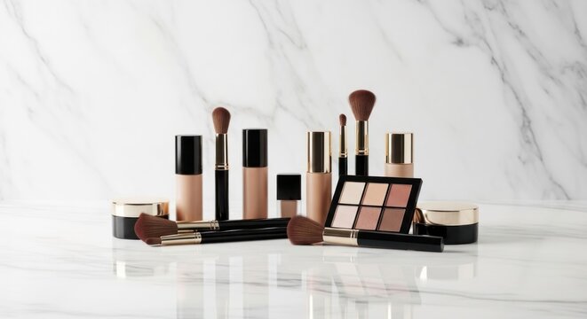 Elegant Collection of Luxury Makeup Products on a Marble Surface.