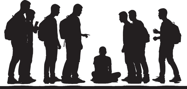 Silhouette of a group of students bullying a peer sitting on the floor vector art
