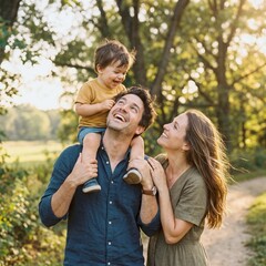 Fototapeta premium Happy family enjoying golden hour outdoors with child on father's shoulders