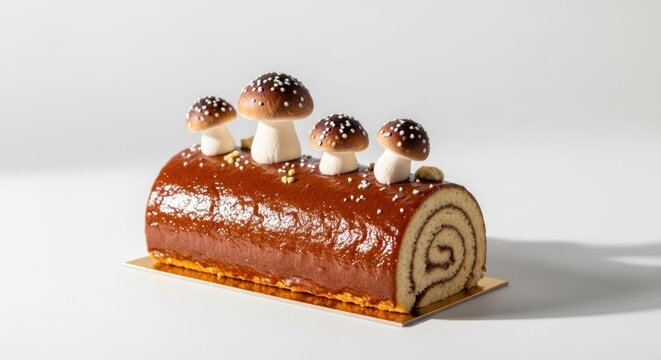 Festive Chocolate Yule Log Cake with Mushroom Decorations.