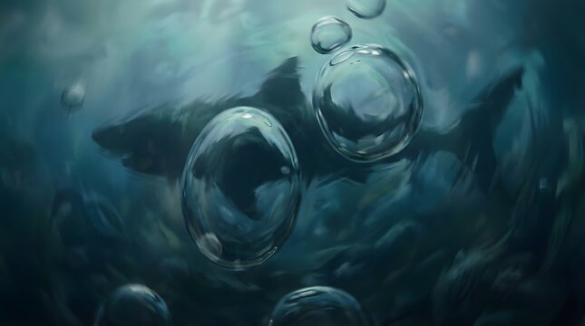 Ominous underwater megalodon shark shadow behind large bubbles in deep dark ocean.
