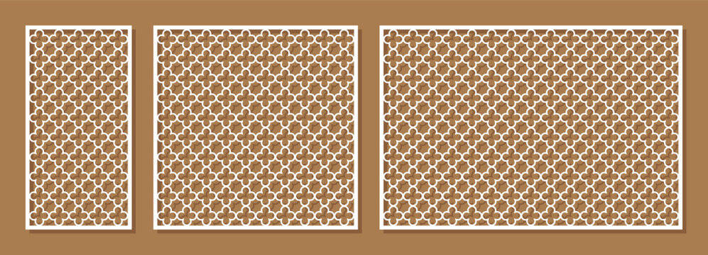 Laser cut Stenciled patterns set. Vector collection of CNC cutting templates with abstract geometric ornament, grid, lines, chevron. Decorative stencil