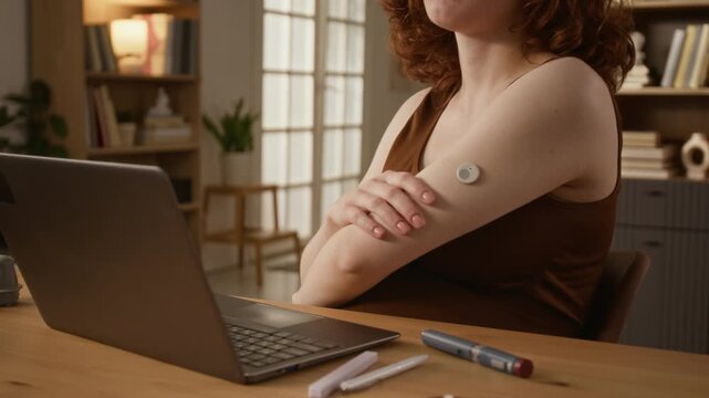 Close up of pregnant young adult woman pointing at CGM on arm and holding insulin pen at desk during online consultation. Footage perfect for medical advertisements on gestational diabetes management