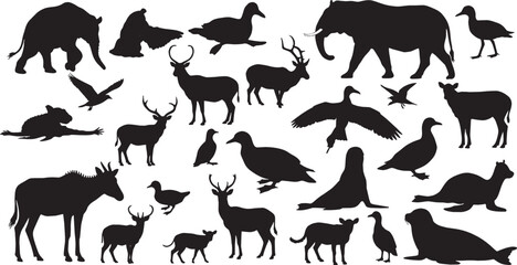 Fototapeta premium Collection of various wild animal silhouettes vector art