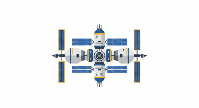 A detailed flat illustration of a space station with solar panels and modules on a white background