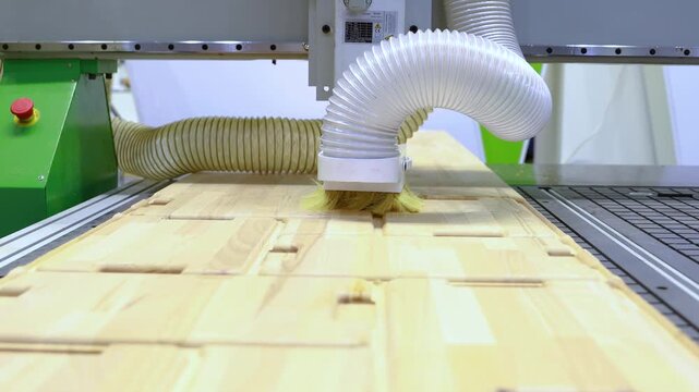 Industrial cnc milling machine carving wooden panel in furniture factory.