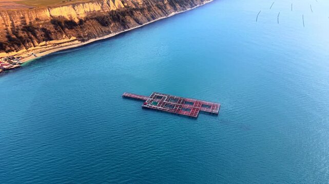 Floating aquaculture cage in calm Black Sea bay, Bulgaria. Overhead drone view, large rectangular red grid fish farm structure centered on turquoise water, limestone cliff and shore.