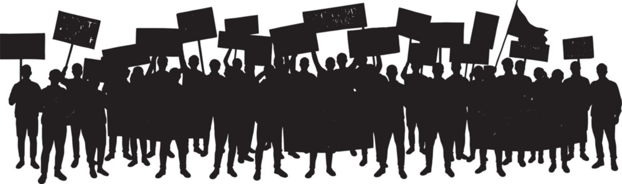 Silhouette of a crowd of protesters holding signs and banners vector art