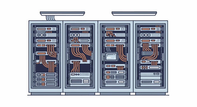Four server racks with visible cables and components
