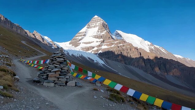 Sacred Mount Kailash snow peak with a hiking pilgrimage path and colorful prayer flags, Ngari Tibet China.