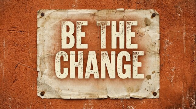 Vintage Distressed Be The Change Motivational Typography on Worn Paper Sign Mounted on Terracotta Brick Wall