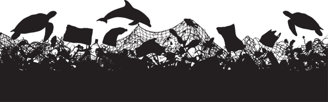 Silhouette of ocean pollution with plastic waste, fishing nets, and marine animals like dolphins and sea turtles vector art