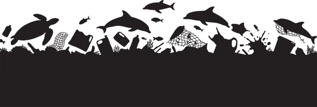 Ocean pollution silhouette with sea animals and plastic waste vector art