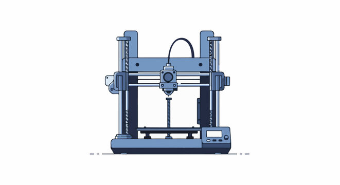 A blue, two-dimensional illustration of a 3D printer with its nozzle lowered, ready to build