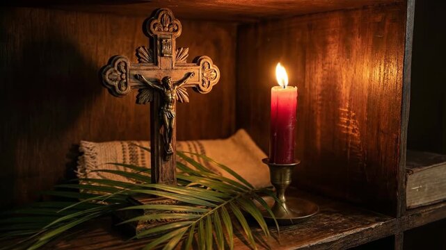 Wooden crucifix with burning candle and palm leaf on shelf. Religious altar setting for prayer. Traditional Christian devotion and spirituality during Easter holiday.