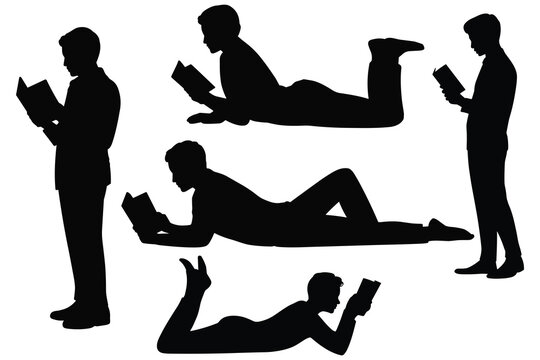Reading man in various poses black silhouette
