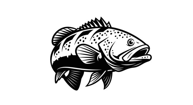 Large grouper fish black and white vector graphic illustration.