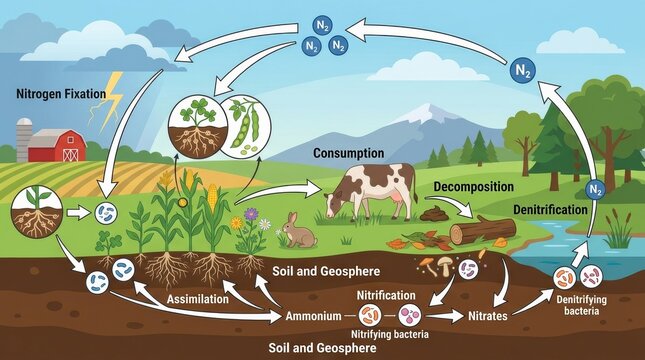 Nitrogen Cycle Educational Illustration with Fixation Assimilation Nitrification and Denitrification Stages