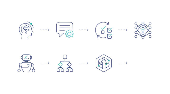 Artificial intelligence workflow icons vector set with machine learning process and neural network diagrams for business infographics