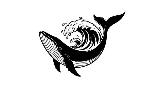 Majestic whale with stylized crashing ocean wave logo design.