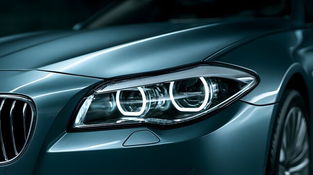 Headlight detail of a luxury car, showcasing advanced lighting