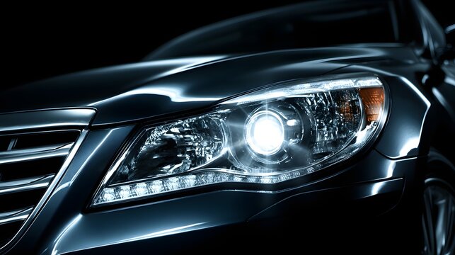 Modern car headlight illuminated against dark background