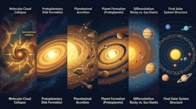 Solar System Planet Formation Process Educational Illustration from Molecular Cloud Collapse to Final Structure