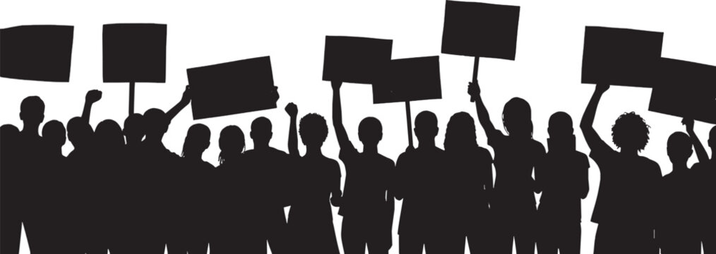 Silhouette of a crowd of people protesting with blank signs vector art