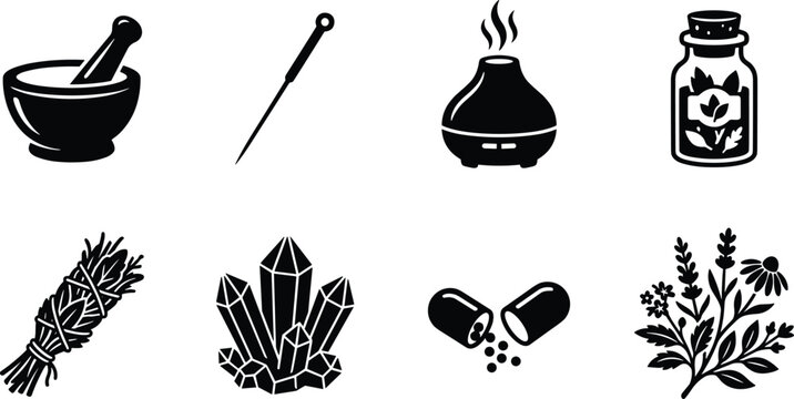 Holistic Medicine Silhouette Vector Set Featuring Herbal Remedies, Acupuncture, Crystals, and Wellness Icons