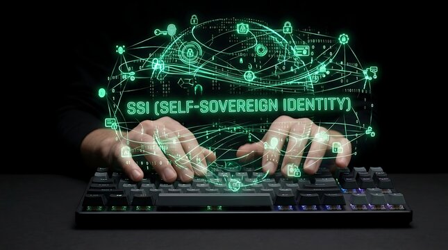 Self Sovereign Identity SSI Concept with Hands Typing on Keyboard.
