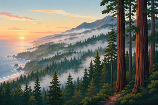 Majestic coastal redwood forest landscape at sunrise, scenic mountain and ocean illustration