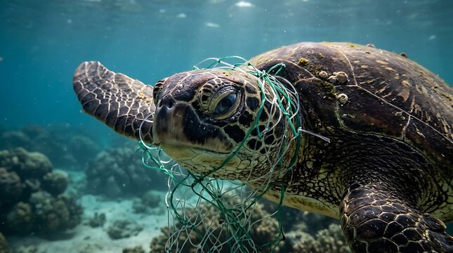 Sea turtle swimming in the ocean trapped by a piece of green plastic fishing net