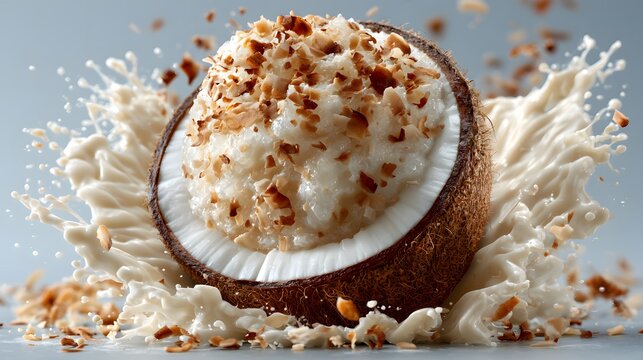 Dramatic splash of coconut milk and shredded coconut