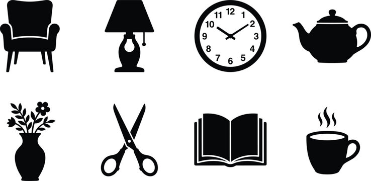 Household silhouette vector set featuring armchair, lamp, wall clock, teapot, vase, scissors, book, and steaming cup icons
