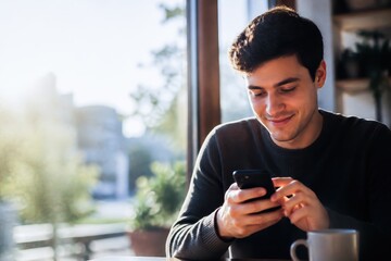 Fototapeta premium Man using smartphone in a coffee shop, smiling and relaxed in natural light