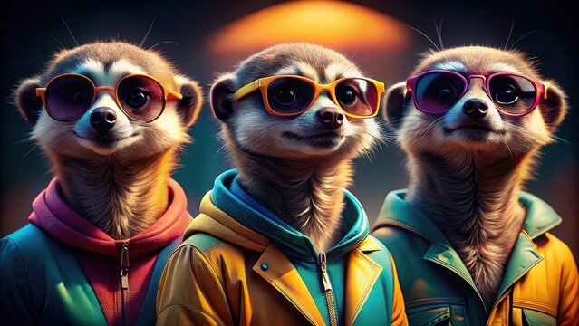 Four adorable meerkats don stylish shades and vibrant jackets, showcasing their playful and fashionforward personalities