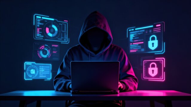 Hacker working on laptop with digital interface