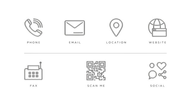 Contact business card icon set with minimalist linear symbols for phone email location website and social media communication vector