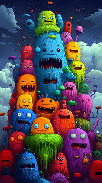Colorful monsters stacked in a tower.