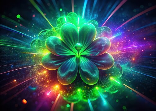 A radiant St Patricks Day clover bursts with vibrant neon hues, radiating an otherworldly energy in a whimsical celebration of luck and joy