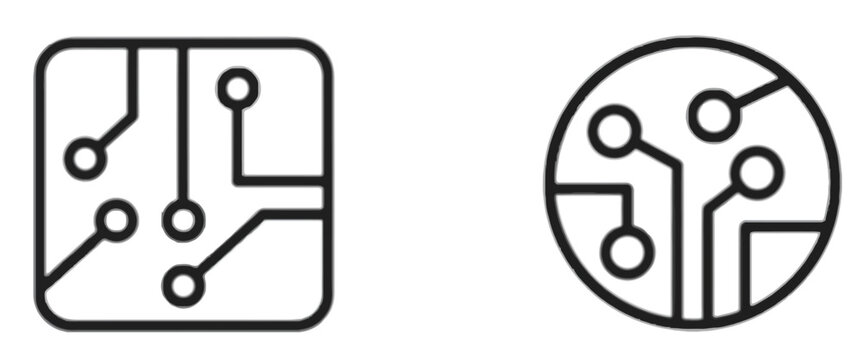 Electronic circuit board square and round icons representing digital technology hardware connections in simple black and white vector outline