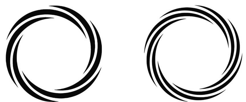 Abstract circular swirl design elements featuring rotating curved lines in a minimalist black and white graphic vector illustration style
