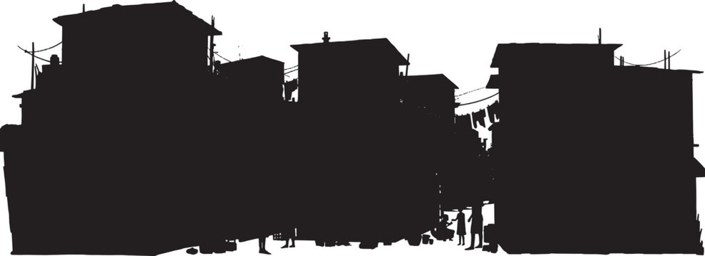 Silhouette of a crowded urban slum or shanty town with narrow alleyways and people vector art