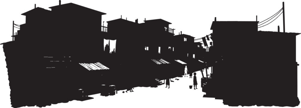 Silhouette illustration of a crowded slum or shantytown street with people and buildings vector art