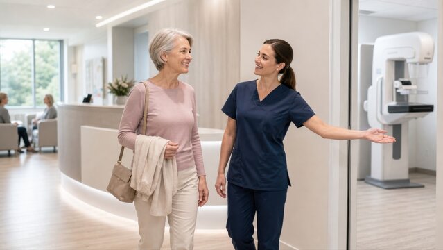 Mature woman arriving for mammography appointment in bright clinic, showing preventive breast health screening and proactive healthcare routine.