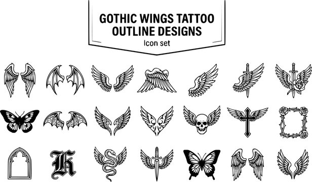 Gothic Wings Tattoo Outline Designs Angel Demon Feathered Folded Broken Wing Sword Rose Moth Bat Skull Gothic Cross Rose Thorns Arch Frame 20 Icons Editable Strokes Line Art Engraving Vector